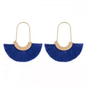 Riah Fashion Navy Fan Shape Tassel Drop Hoop Earrings - NWT